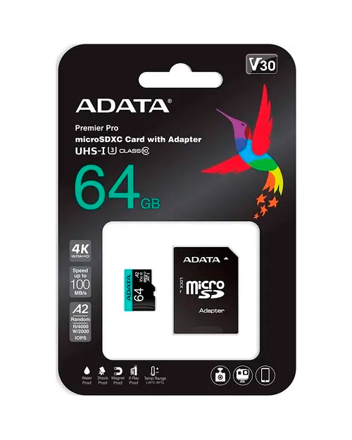 ADATA  Карта памяти  Premier Pro microSDXC 64 ГБ [AUSDX64GUI3V30SA2-RA1]